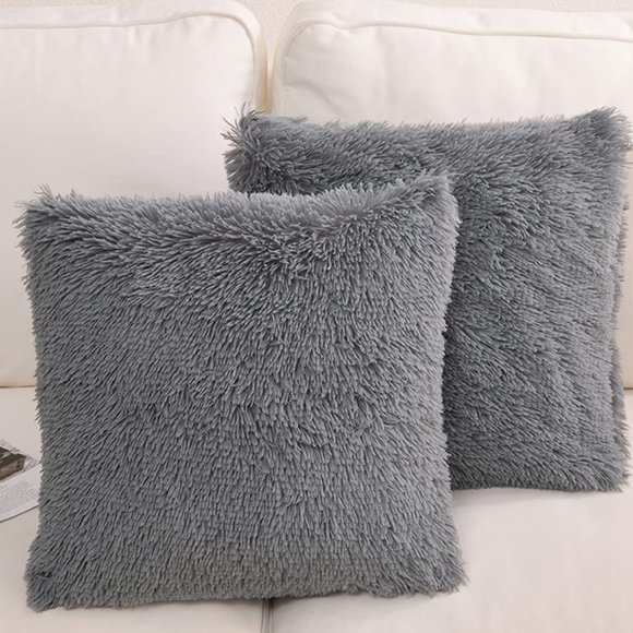 Grey Faux Fur Throw Pillow Covers-18" x 18",Set of 2-Gray Soft Fluffy Shaggy - Picture 1 of 5